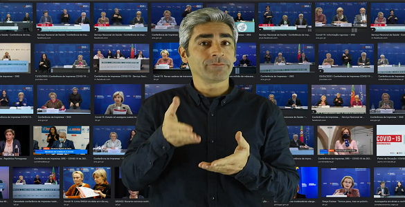 fotos de várias conferências de imprensa, comunicados da DGS, Infarmed e outros sobre a pandemia Covid, com interpretação dos técnicos do INR, Sofia Figueiredo e Luís Oriola