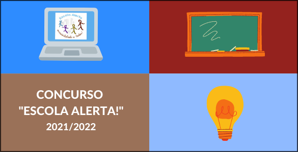 Alert School poster, with 3 cartoons representing a School (PC, frame and lamp)