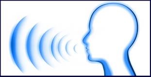 Drawing of a human head with voice emission waves.