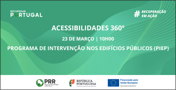 Imagem de fundo verde, com o Logotipo Recuperar Portugal e a #hashtag Recuperação em Ação