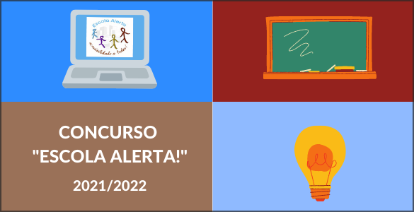 Cartaz do Escola Alerta, com 3 cartoons a representar uma Escola (PC, quadro e lampada)
