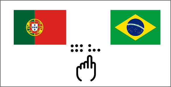 Bandeira Portuguesa e Bandeira Brasileira com o cartoon de uma mão e o braille