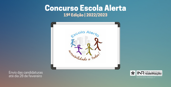 Fundo colorido, com quadro branco e logo Escola Alerta. Informação do concurso e logo do INR branco