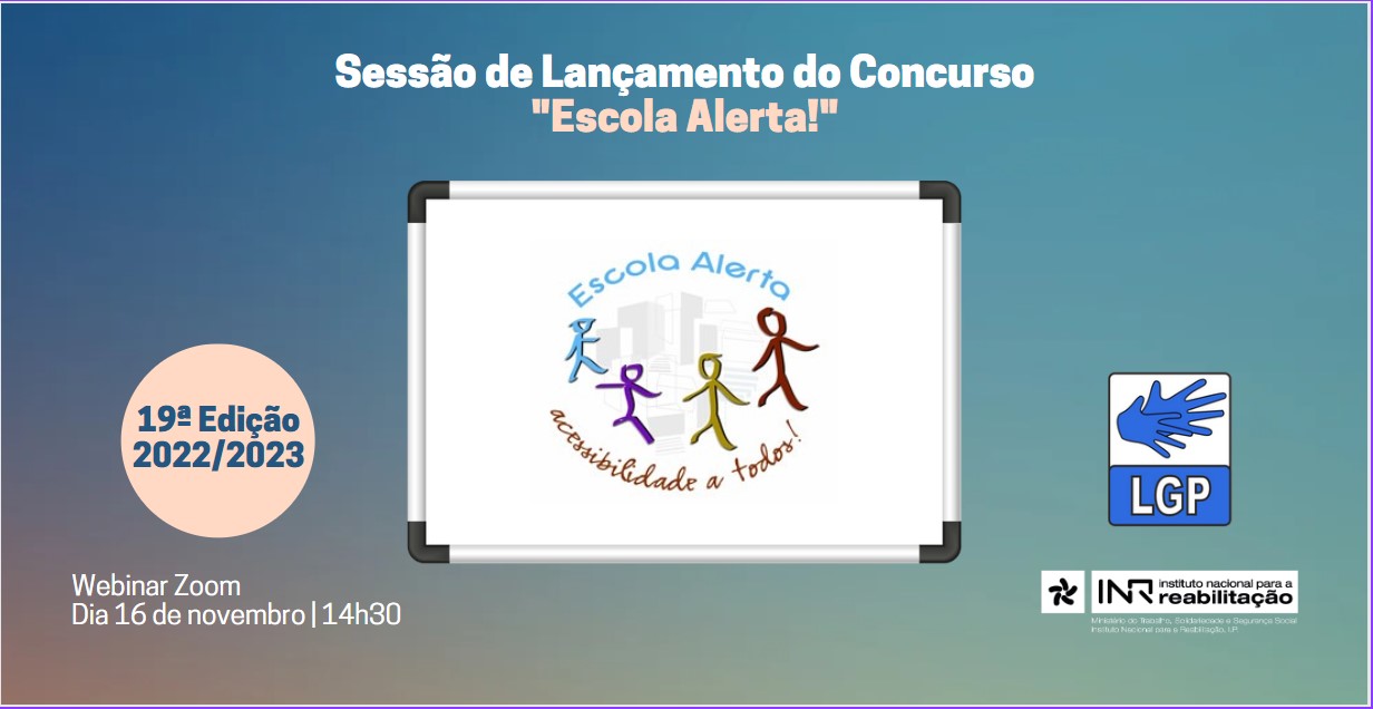 Fundo esverdeado, com o título do evento. Centro um quadro branco com logotipo do Escola Alerta.