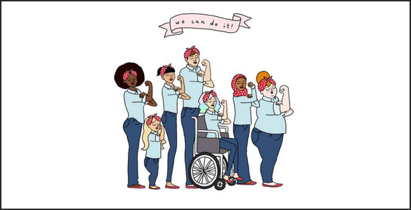 Imagem em cartoon com várias mulheres, com e sem deficiência