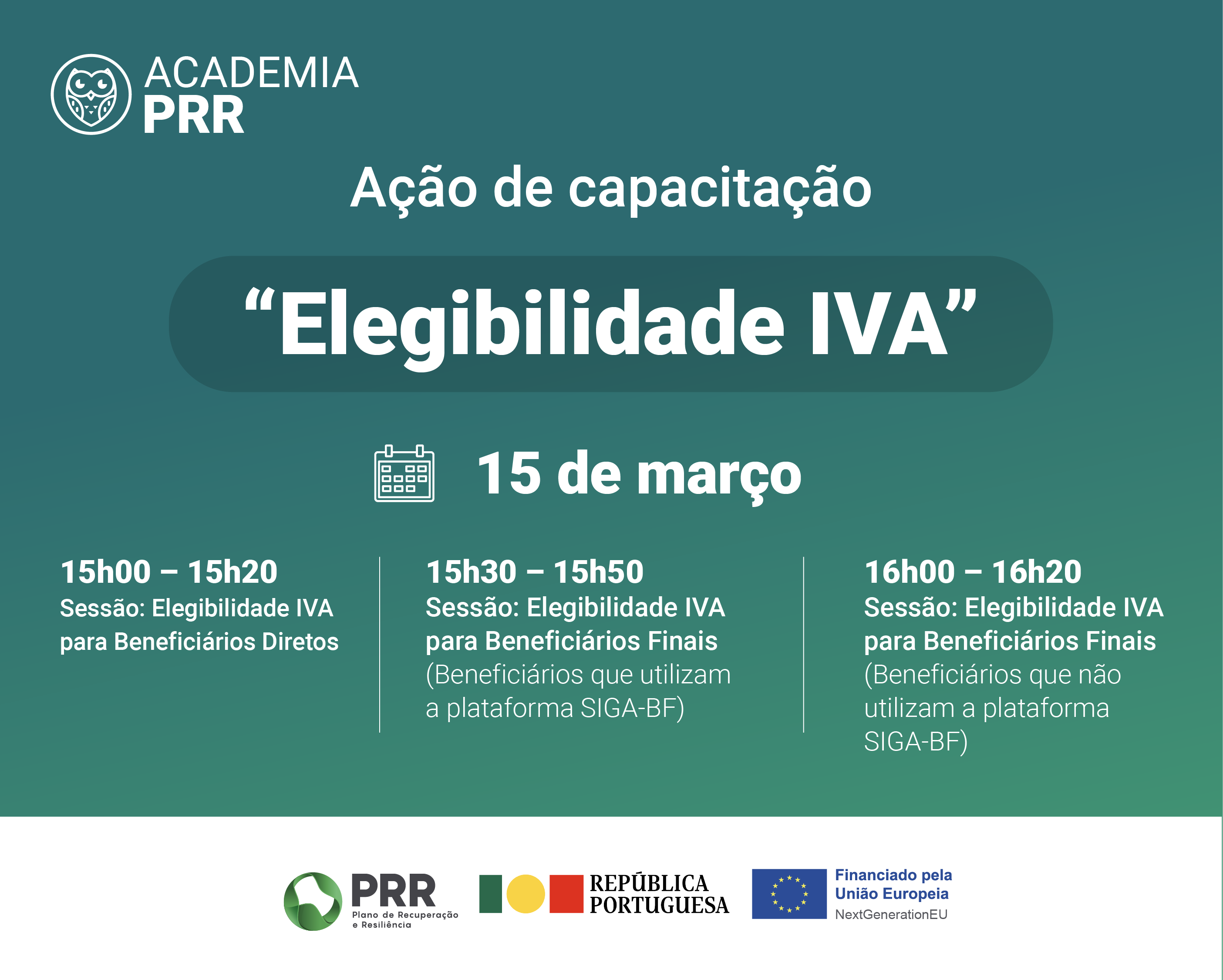 Leaflet of the training session with the title “VAT eligibility” and the description of the sessions and their schedules. In the footer are the logos of the PRR, the Portuguese Republic and the indication that the event is financed by the European Union.