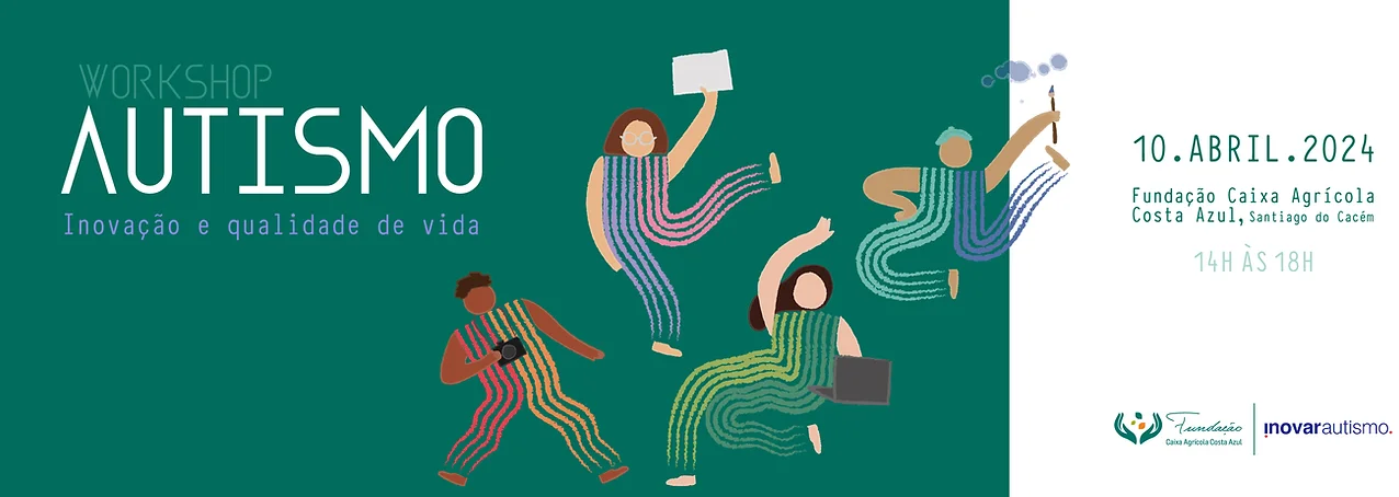 Imagem do cartaz para o workshop sobre autismo, agendado para 10 de abril de 2024. O cartaz apresenta uma representação artística de indivíduos e elementos relacionados ao tema do autismo, com o objetivo de transmitir inovação e qualidade de vida.