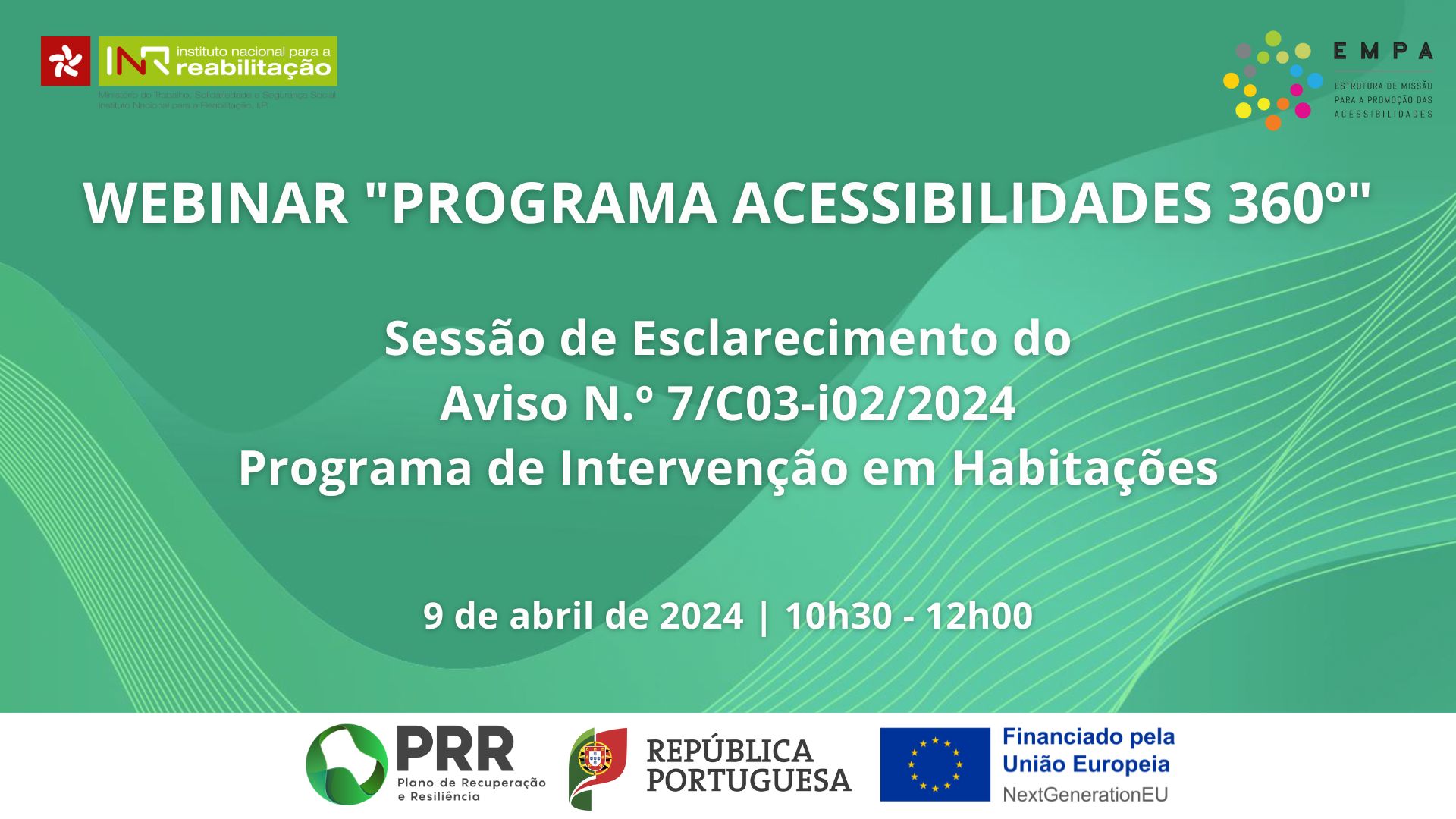The image is a digital poster about a webinar entitled “360o ACCESSIBILITIES PROGRAMME”. It contains information about the event, logos and a green background with abstract patterns. The webinar is scheduled for 9 April 2024 from 10.30 a.m. to 12.30 p.m.