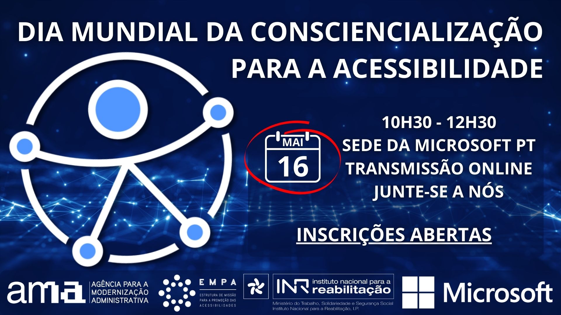 Sobre um fundo azul escuro com alguns pontos de luz e ligações entre si remetendo para uma ideia de rede e de conexões digitais. Sobre a imagem e escrito a branco, no topo a designação 