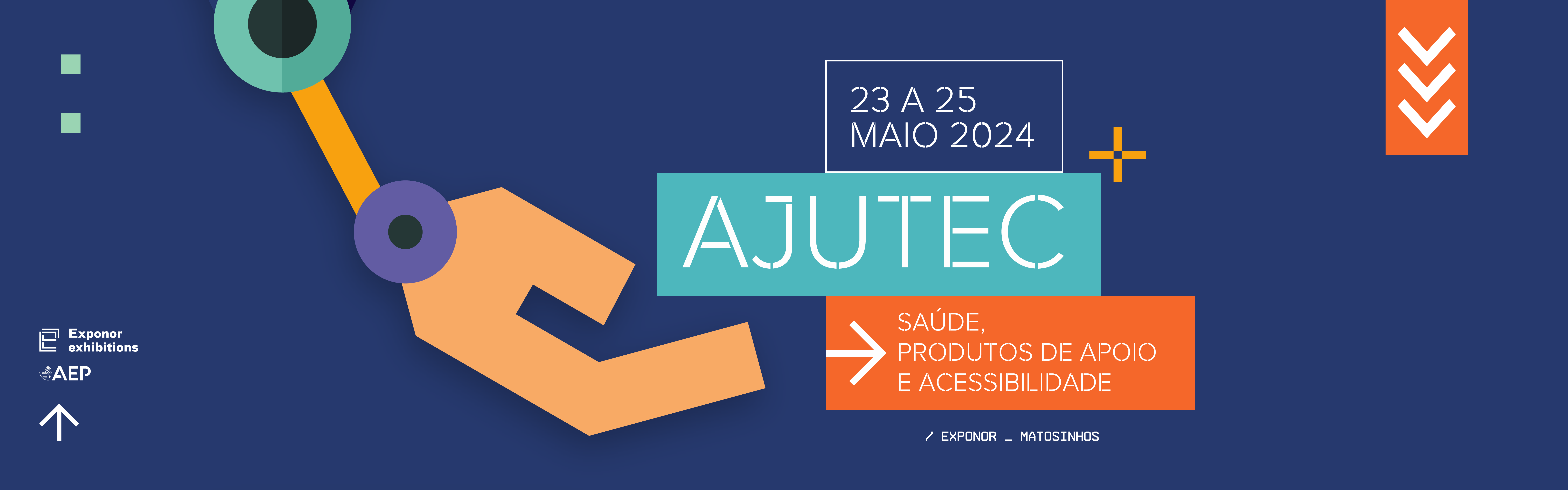 A imagem é um banner gráfico com uma combinação de texto e ilustrações. As cores principais são azul, laranja e branco. No lado esquerdo, há uma ilustração de uma figura humana estilizada com um braço estendido. No centro, lê-se “23 A 25 MAIO 2024” acima da palavra “AJUTEC”. Abaixo disso, pode ler-se “SAÚDE, PRODUTOS DE APOIO E ACESSIBILIDADE” e Matosinhos - Exponor