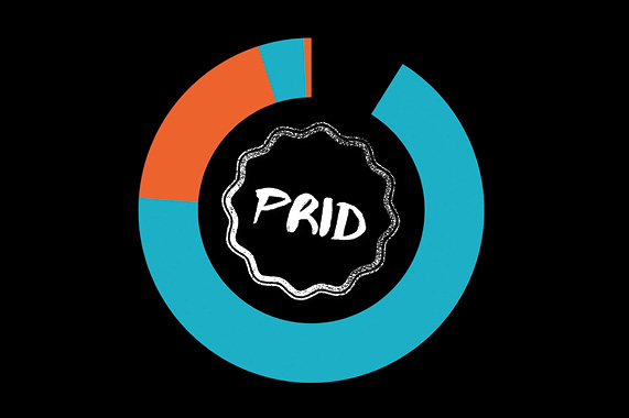O fundo da imagem é preto, com um gráfico circular que possui três segmentos visíveis coloridos em laranja, azul claro e azul escuro. No centro do gráfico, há uma etiqueta irregular branca com bordas onduladas, onde a palavra “PRID” está escrita.