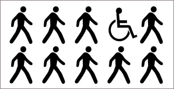 Diversas figuras de homens a caminhar e uma em cadeira de rodas