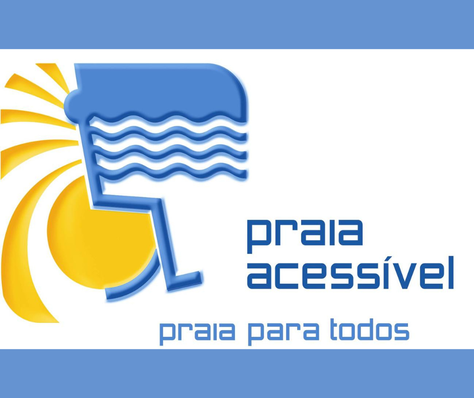 A imagem contém o logo do programa: um sol amarelo com raios à esquerda, um ícone azul que combina um símbolo de cadeira de rodas com ondas, representando água ou mar. É possível também ler texto “praia acessível” e “praia para todos”.